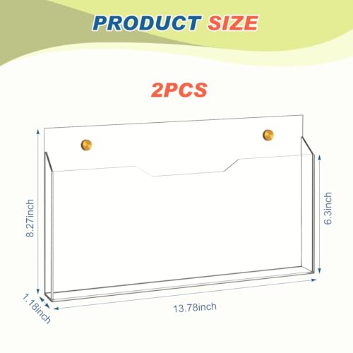 2Pcs Clear Acrylic File Holder Wall Mount Mail Magazine Organizer File Holders with Screw Wall Pocket Office Document Storage Rack Magazine Letter Brochure(14 x8.3 x1.2 ,Horizontal)