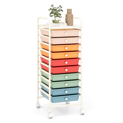 RELAX4LIFE Macaron 10-Drawer Rolling Cart with Lockable Casters, 34" H Craft Storage Trolley