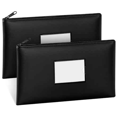 SMARTAKE Money Bags with Zipper, 2-Pack Bank Bags with Label, Waterproof Leather Money Pouches, for Cash Coin Bill Invoice Deposit Receipt Storage and Organize, 11.5 x 6.2 Inches (Black)