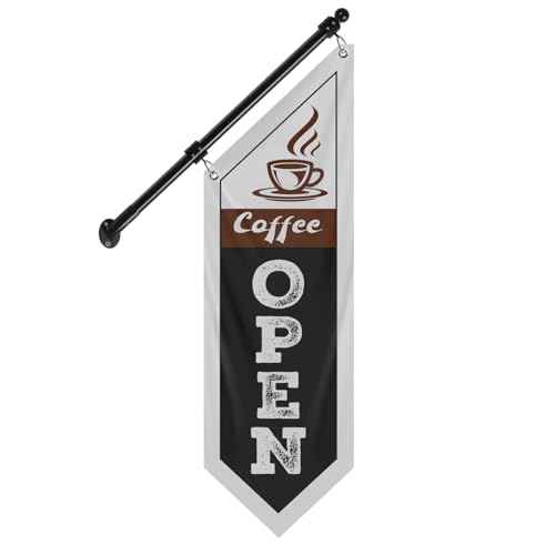 Coffee Open Flag, Double-Sided Coffee Hanging Banner with Flagpole Kit & Bracket ? Coffee Signs for Caf?s, Coffee Shops, and Street Vendors (Black-B, 27")