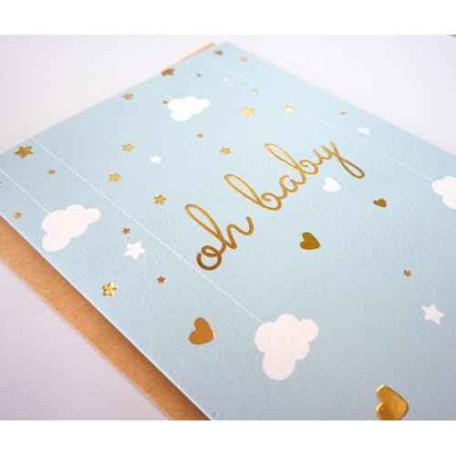Baby Shower Card - Single Greeting Cards 5" x 7" with Kraft Envelope - Foil Printing "Oh Baby!" Congratulations Baby Shower for Newborn Baby- Blank Inside (Blue, Gold)