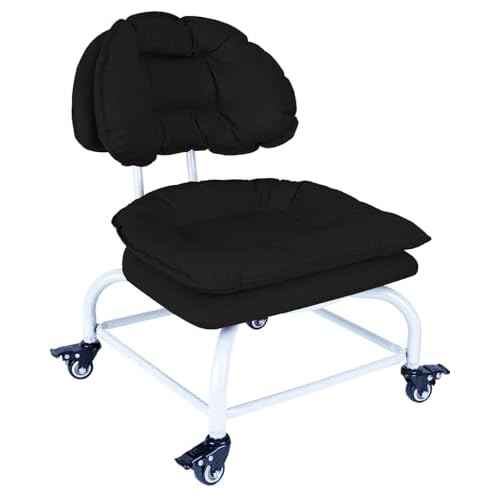 Backrest Rolling Stool with Brakes VAPAA TAIDE Rolling Chair Heavy Duty Roller Stools with Wheels for Home Office Garage Mechanic Flooring Cleaning Shop Black