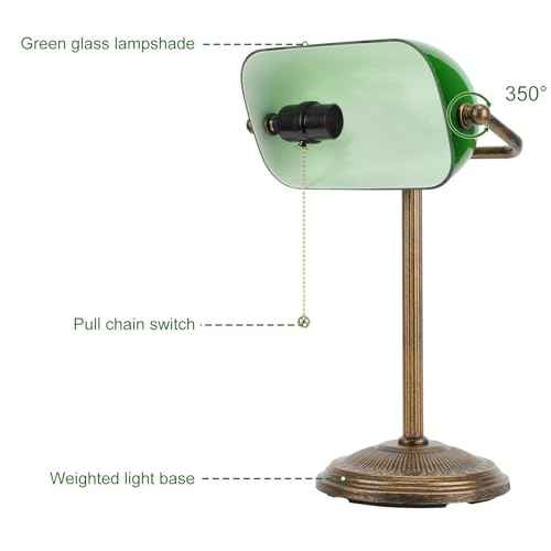 NISSAFORS Bankers Desk Lamp, Green Glass Shade, Vintage Desk Lamp with Pull Chain Switch, Retro Table Lamps for Home Office(Retro Gold+Green, Small)
