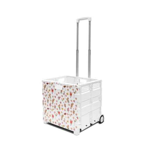 Inspired Living Ultra-Slim Rolling Collapsible Storage Pack-N-Roll Utility-carts, with Telescopic Handle, for Home, Garden, Shopping, Office, School use, Large, White, Cocktail Print