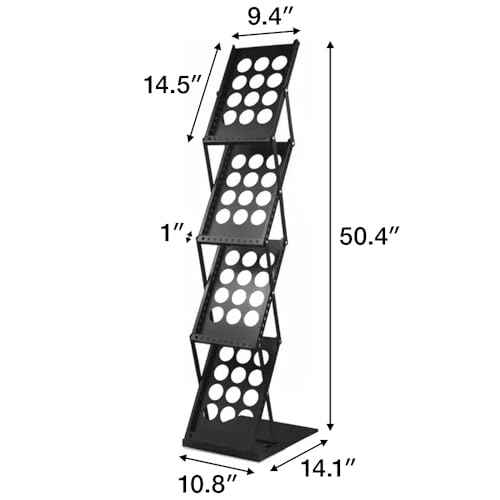 Japard Folding Magazine Stand Rack Literature Catalog Brochure Holder Display Stand 4 Pockets Foldable Portable for Office Tradeshow Exhibition Black