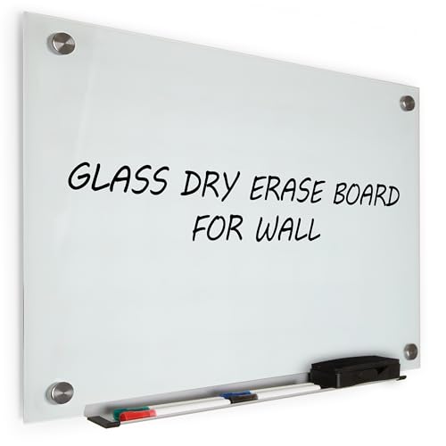 Real Glass Dry Erase Board, 18" x 24", Tempered Glass Surface, Frameless Wall Mount, with 4 Assorted Color Markers and Eraser, by Better Office Products (Bright White)