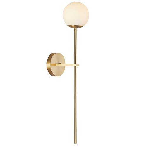BOKT Mid Century Modern Long Wall Sconce Brushed Brass Bathroom Vanity Wall Sconce Lighting Small Gold Globe Wall Light White Glass Sphere Wall Lamp Antique Brass Wall Lighting