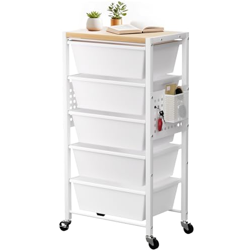 Time Forest 5-Drawer Rolling Storage Cart with Wheels & Wooden Top - Bright White