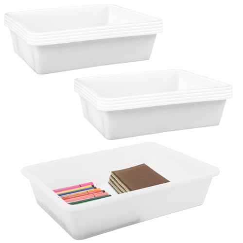 White Plastic Trays for Arts and Crafts,12 Pack Flat Storage Organizer Bin, Letter Size Paper Tray for Classroom, Stackable Montessori & DIY Project Tray for School Office, 13.7" L x 9.7" W x 3.1" H