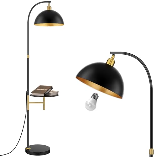 Floor Reading Lamp with Table Industrial Floor Standing Lamps with Tray Shelves Attached Adjustable Height Corner Rustic Black Floor Lamps with End Table for Bedroom Living Room Office