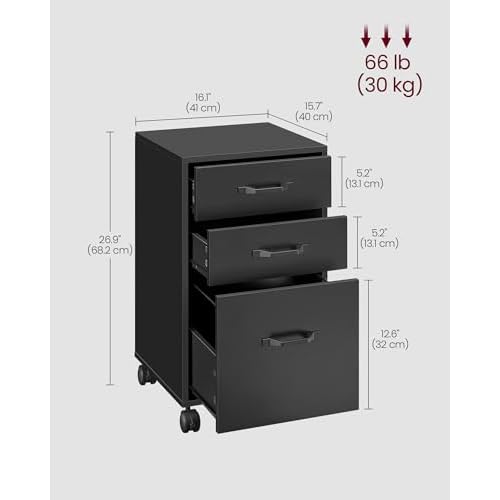 VASAGLE File Cabinet, 3 Drawers Filing Cabinet for Home Office, with Wheels, for A4, Letter Sized Documents, Hanging File Folders, Ink Black UOFC065B16