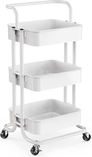 Pipishell 3-Tier White Rolling Utility Cart with Wheels & Handle