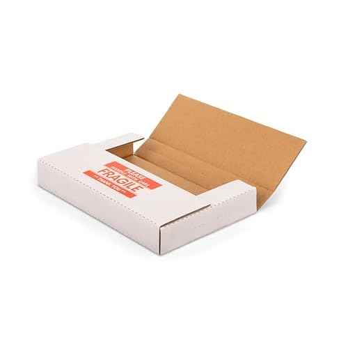 50 Pack 9x6x1.3 inch Mailing Boxes, Multi-Depth CD DVD Corrugated Cardboard Boxes with Fragile Stickers for Shipping, Storing, Package, Business or Home, White