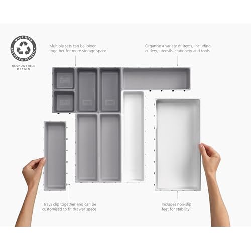 Joseph Joseph Blox 10-Piece Storage Tray Set for Cosmetics, Stationery, Flatware and Utensils, Drawer Organizer, Recycled Plastic