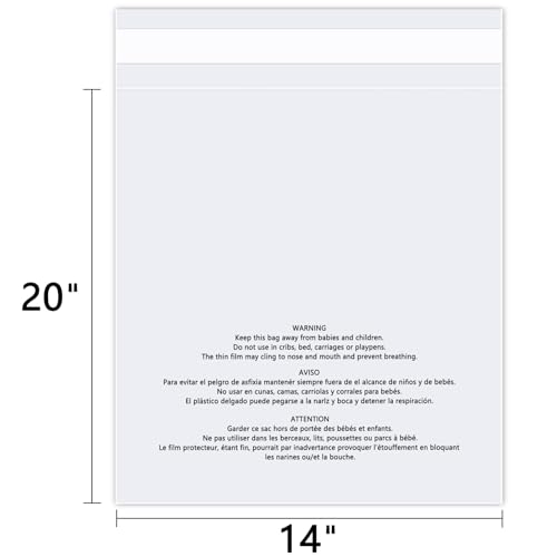 14x20 Inch Reusable Clear Poly Bags 200 Pack with Resealable & Suffocation Warning - Food Grade Safe