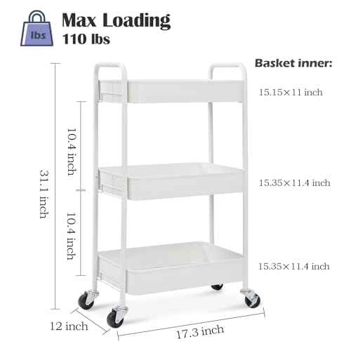 TOOLF 3-Tier Metal Rolling Cart with Wheels, Storage Utility Organizer Cart for Kitchen, Bathroom, Office, Baby Essentials & Makeup - Lockable Casters, Easy Assembly, Large Capacity, White