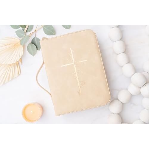Bible Cover Case for Women ? PU Leather Large Bible Case with Minimalist Debossed Design ? Christian Bible Accessories for Girls & Women (Beige/Gold)
