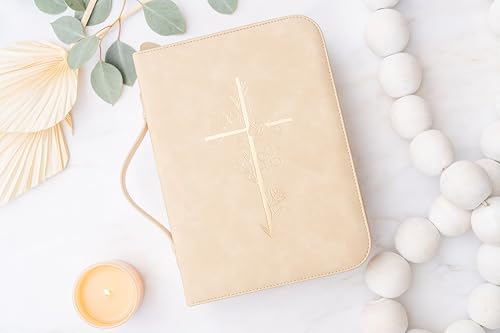 LANDORA & LEAF Beige Gold Cross Bible Cover for Women - Large PU Leather Christian Book Case