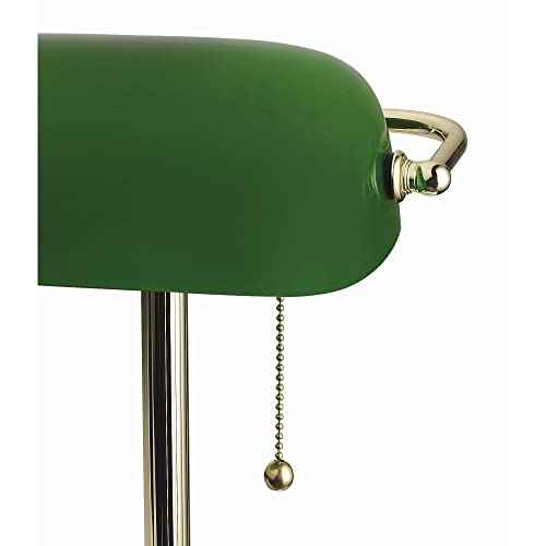 Catalina Lighting 17466-017 13.5'' Traditional Banker's Lamp Light Fixture with Green Glass Cylinder Shade for Office, Library, Living Room, or Dorm, Polished Brass
