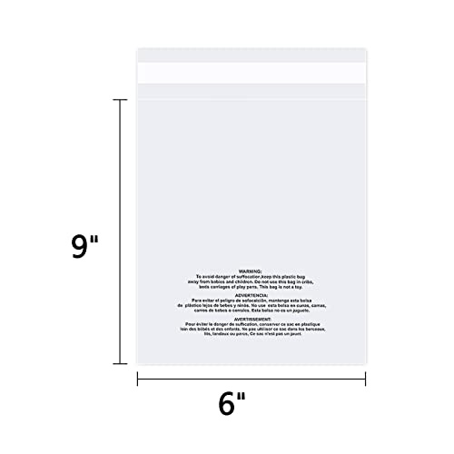 6" x 9" (100 Count) Self Seal Clear Poly Bags with Suffocation Warning for Packaging, Shipping, Clothing, Shirts & FBA - Resealable Adhesive