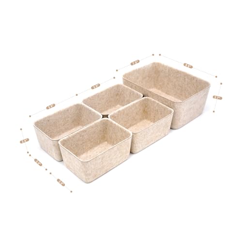 Welaxy 5-piece Drawer organizers dividers storage bins deep storage bin aesthetic wabi-sabi Scandinavian-chic storage bin hygge sleek minimalist lifestyle gifts (Oatmeal)