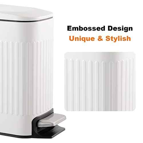 TrashAid Slim Bathroom Trash Can with Lid Soft Close, 6 Liter/1.6 Gallon Stainless Steel Small Garbage Can with Removable Inner Bucket, Step Pedal, Slim Wastebasket for Toilet, Office, Bedroom, White