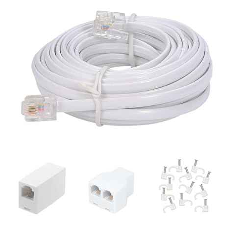 Long Telephone Extension Cord 20 FT, White, Phone Cable Line Wire with Standard RJ11 Plug, 1 Phone Line Splitter, 1 in-line Coupler and 15 Cable Clips for Telephone Calling Communication