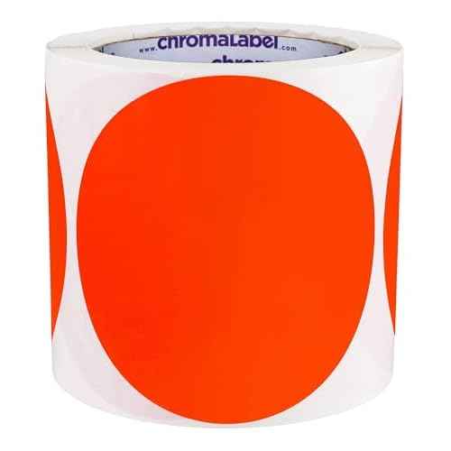 ChromaLabel 4 Inch Round Label Permanent Color Code Dot Stickers, High Visibility for Warehouse Inventory, 250 Labels per Roll, Fluorescent Red Orange