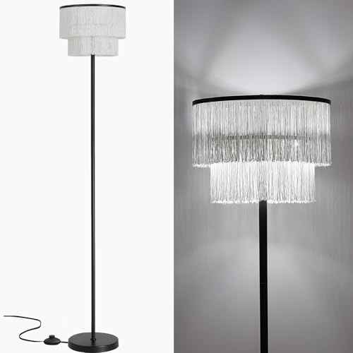 2 Light Black Boho Floor Lamp with 2-Tier Tassels/Fringe Lampshade,66" Tall Mid Century Standing Bedroom Lamp,Soft Lighting Nursery Floor Lamp for Bedroom Livingroom
