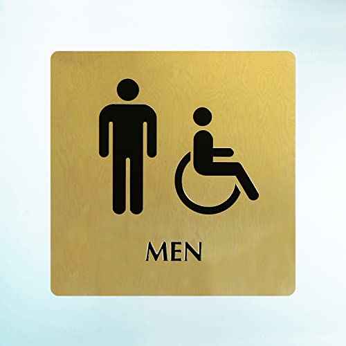 SmartSign 9 x 9 inch Mens Restroom Sign with Men/Handicap Accessible Wheelchair Pictograms, 40 mil Brass Metal, Engraved, Door/Wall Mount Bathroom Sign, Gold and Black