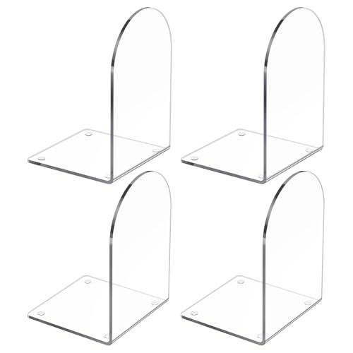 4 Pack Clear Acrylic Bookends – Heavy Duty, Non-Slip L-Shaped Book Holders for Home & Office