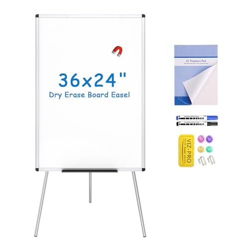 VIZ-PRO Magnetic Whiteboard Easel 36x24 Inches Silver Portable Dry Erase