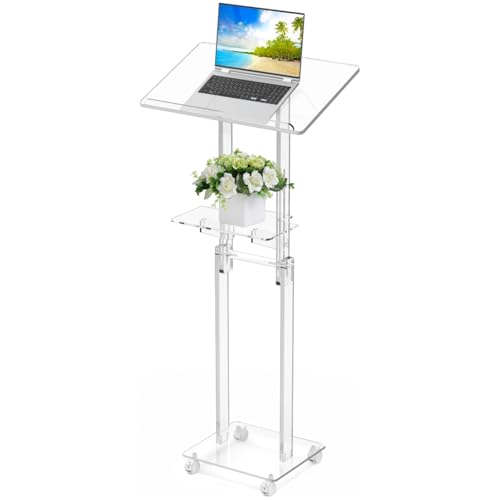 Joyoolife Adjustable Acrylic Podium Stand with Wheels, Tilt Top & Shelf (37.8-47.2 in)