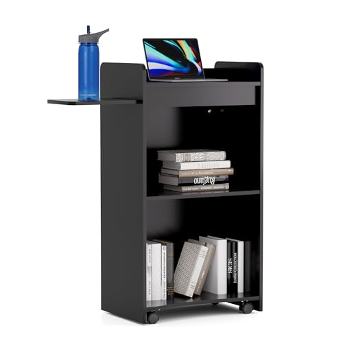 LayBurst 45in Wooden Podium with Lockable Wheels, Side Shelf, 15mm Particle Board – Black