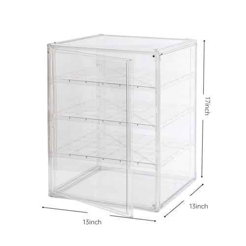 3X-Large 4 Tiers 17.7"X13"X13" Acrylic Display Case with 3 Division Boards, Clear Organizer Box Plastic Holder with Magnetic Door for Handbags, Purses, Boots, Figures, Book