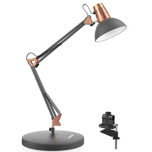 LEPOWER Metal Desk Lamp, Adjustable Goose Neck Architect Table Lamp with On/Off Switch, Swing Arm Desk Lamp with Clamp, Eye-Caring Reading Lamp for Bedroom, Study Room &Office (Sandy Black)