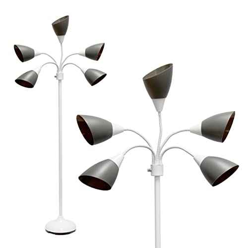 Simple Designs LF2006-GOW 67" Contemporary Multi Head Medusa 5 Light Adjustable Gooseneck White Floor Lamp with Gray Shades for Kids Bedroom Playroom Living Room Office