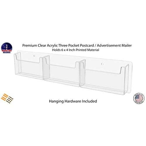 Marketing Holders Postcard Holder Rack Horizontal Clear Acrylic 3 Pocket with Hardware Space Saver Greeting Card or Any 6x4 Printed Media Display System Wall Mount Multi Slot Organizer