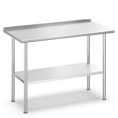 All-Stainless Steel Prep Table, 24 X 48 Inches, with Rounded-Corner Backsplash and Adjustable Undershelf, Heavy-Duty for Outdoor Use,Restaurants,Hotels,Workshops,Kitchens,Gardens, and Garages