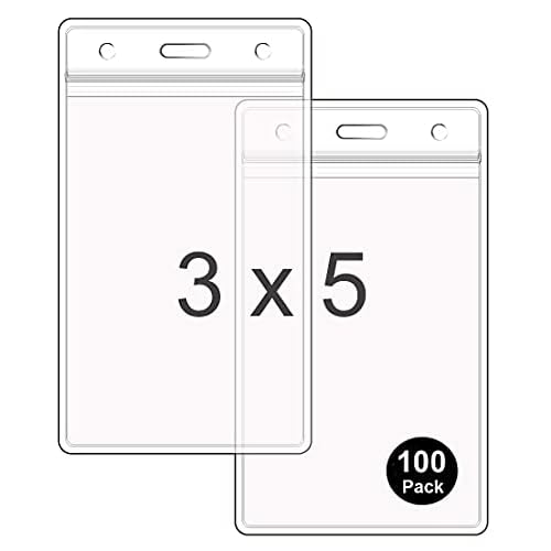 WTQ Large ID Badge Holders (Fit 3"x5" Insert, 100 Pack), Sealable Clear Plastic Name Tag Holders, Vertical Hanging Card Holder with Zipper, Waterproof Vinyl Pouches for Name Badges