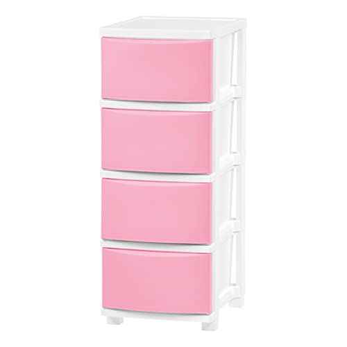 IRIS USA Plastic Drawer Storage Organizer, 4-Drawers, for Classroom Art Supplies Bathroom Dorm Bedroom Laundry Room, Slim Narrow, White Frame with Matte Pink Front Panels