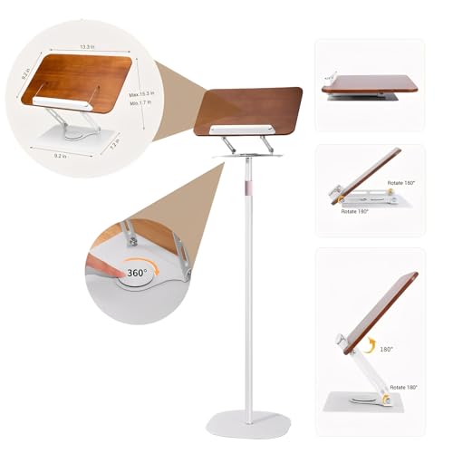 Podium Stand, Adjustable Lectern & Book Stand with Storage Tray Detachable 360¡Æ Rotating Table Heavy-Duty Metal Base for Presentations, Speech, Church, Classroom (White)