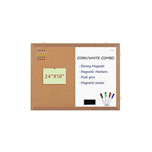 Combination Magnetic Whiteboard Cork Bulletin Board, 24" X 18¡° Combo Dry Erase White Board Cork Pin Board for Wall with Natural Wood Frame¡¦