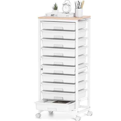 SYKIARIOL Rolling Cart with 10 Drawers - White, Metal Wood Plastic, Lockable Wheels