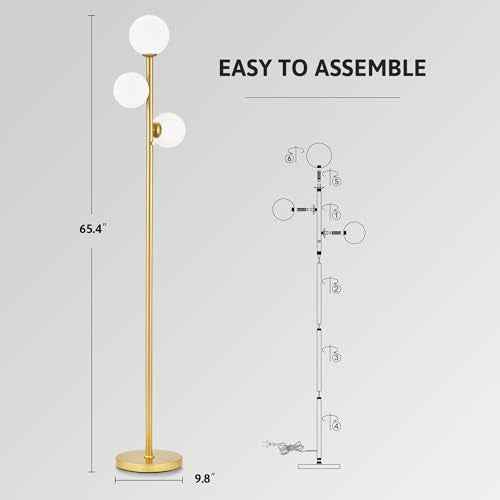 VONLUCE Mid Century Modern Floor Lamp 65", 3 Globe Lights Standing Lamp with LED Bulbs & Frosted Shades, Contemporary Dimmable Tall Pole Lamp for Living Room Bedroom Office, Gold