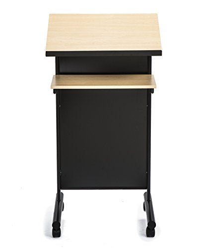 Wheeled Lectern - Standing Desk with Storage Shelf in Beech/Black (AV Direct) - Ideal for Presentations & Laptop