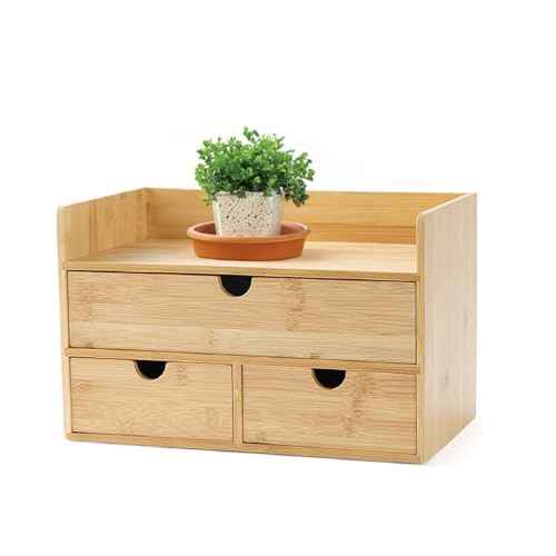 3 Drawer Bamboo Desk Organizer with Shelf ? Makeup Storage & Tabletop Organizer for Home Office, Workspace, or Bathroom ? No Assembly Required