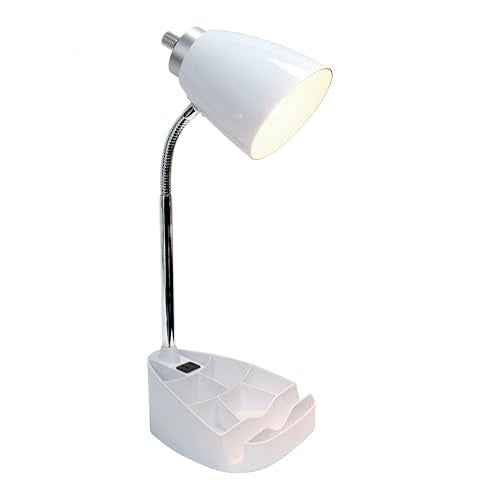 Simple Designs LD1057-WHT-LB 18.5" Gooseneck Organizer Desk Lamp with iPad Tablet Stand Book Holder and Charging Outlet, with LED Bulb, White