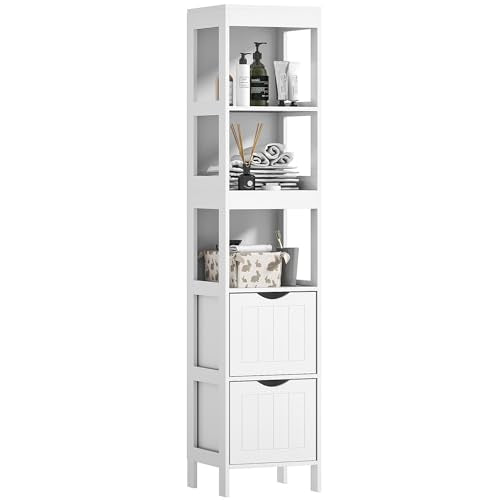 HOMCOM Narrow Bathroom Storage Cabinet, Bathroom Floor Cabinet with 2 Drawers & 3 Open Shelves, Freestanding Slim Storage Organizer for Small Spaces, White