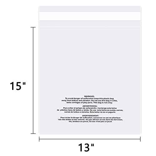 13" x 15" (100 Count) - Clear Poly Bags with Suffocation Warning Self Seal for Packaging, Shirts, Clothing & FBA - Permanent Adhesive